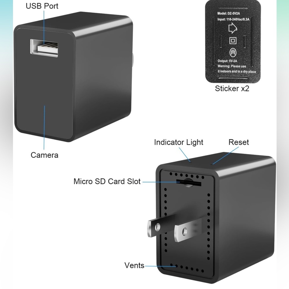 Black USB Wall Charger with Camera